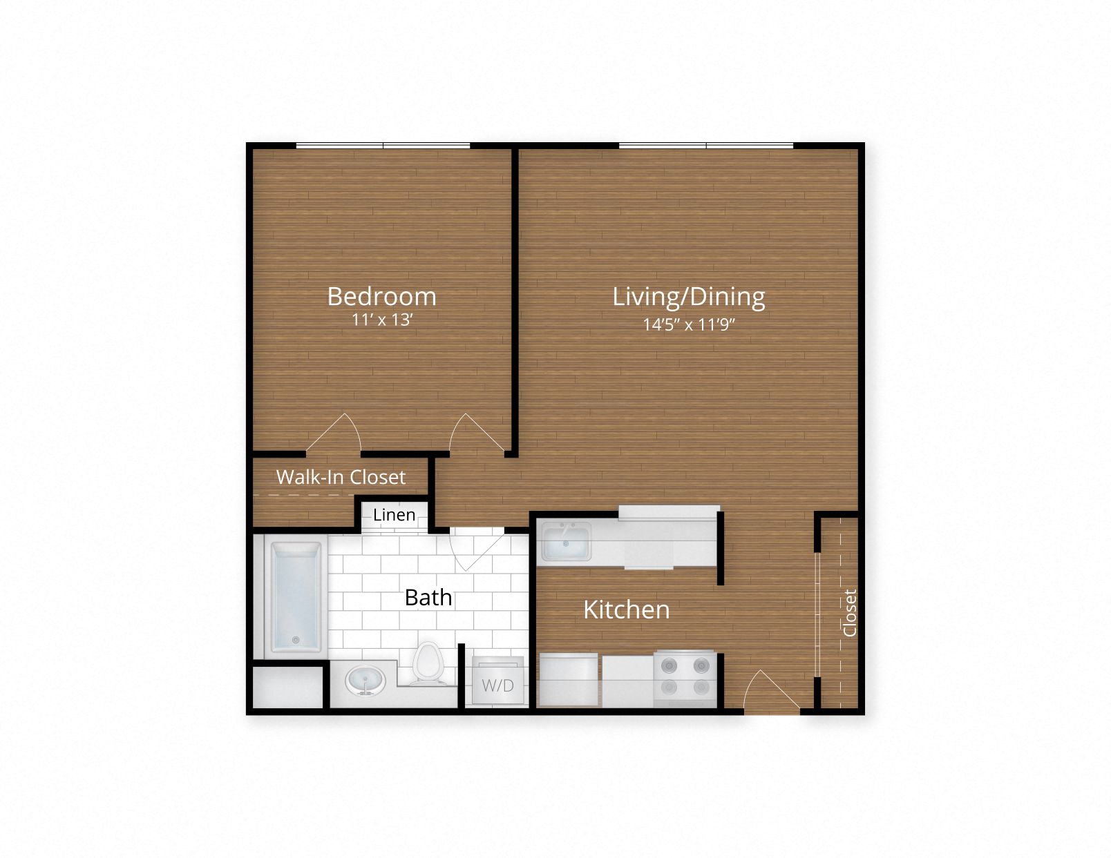 Floor plan for 1 bed, 1 bath, 685 sqft